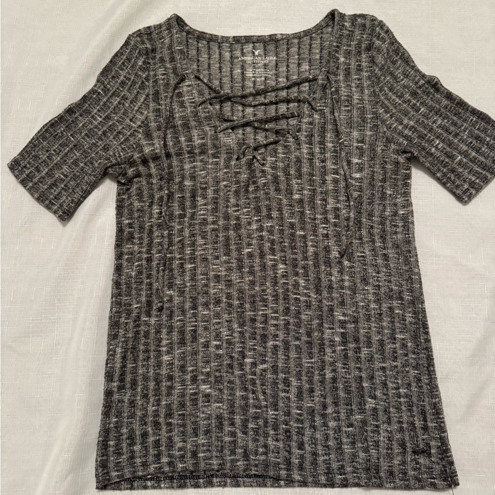 American Eagle Outfitters Gray Ribbed Tie Front Blouse